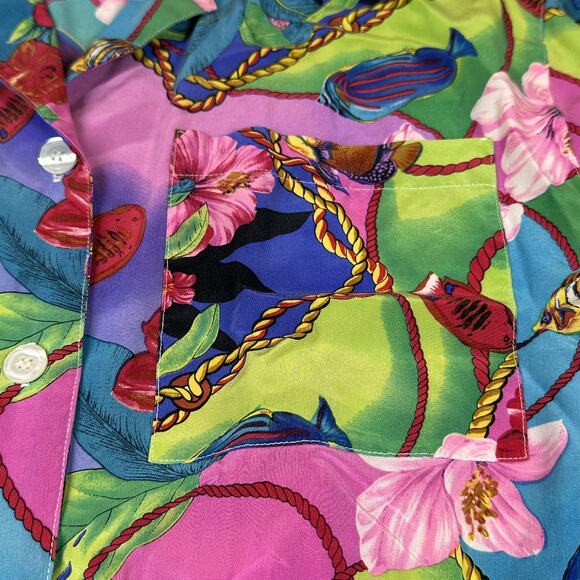 Vintage Bella Camicie Shirt Womens Small Silk Hawaiian Floral Fish Print 90s - Picture 7 of 13